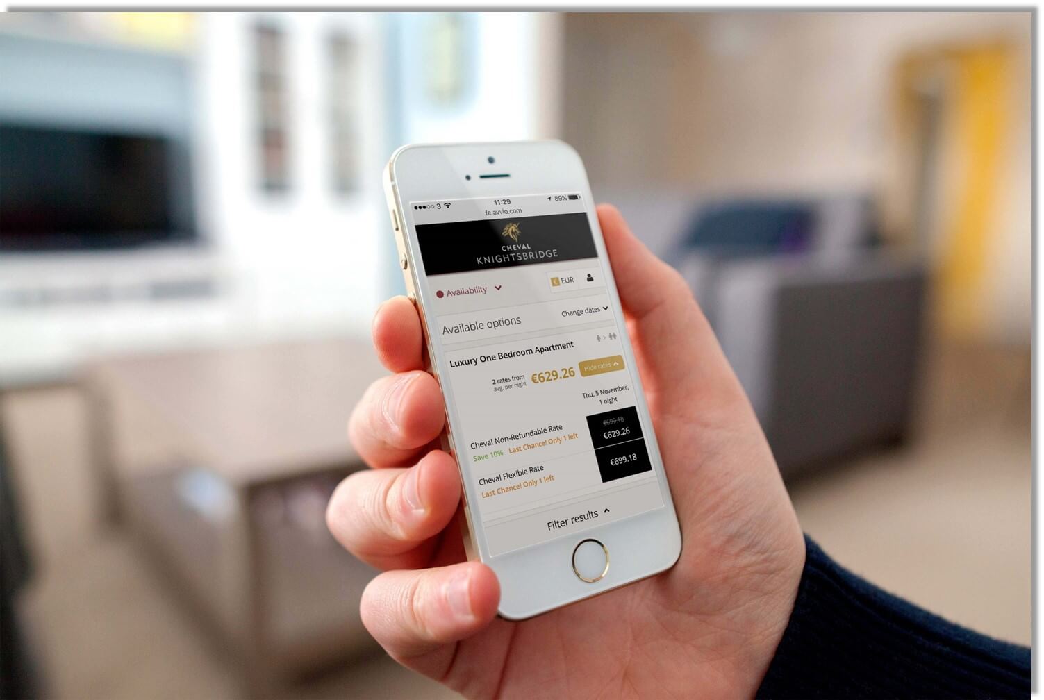 Avvio booking engine Cheval Residences website on iPhone